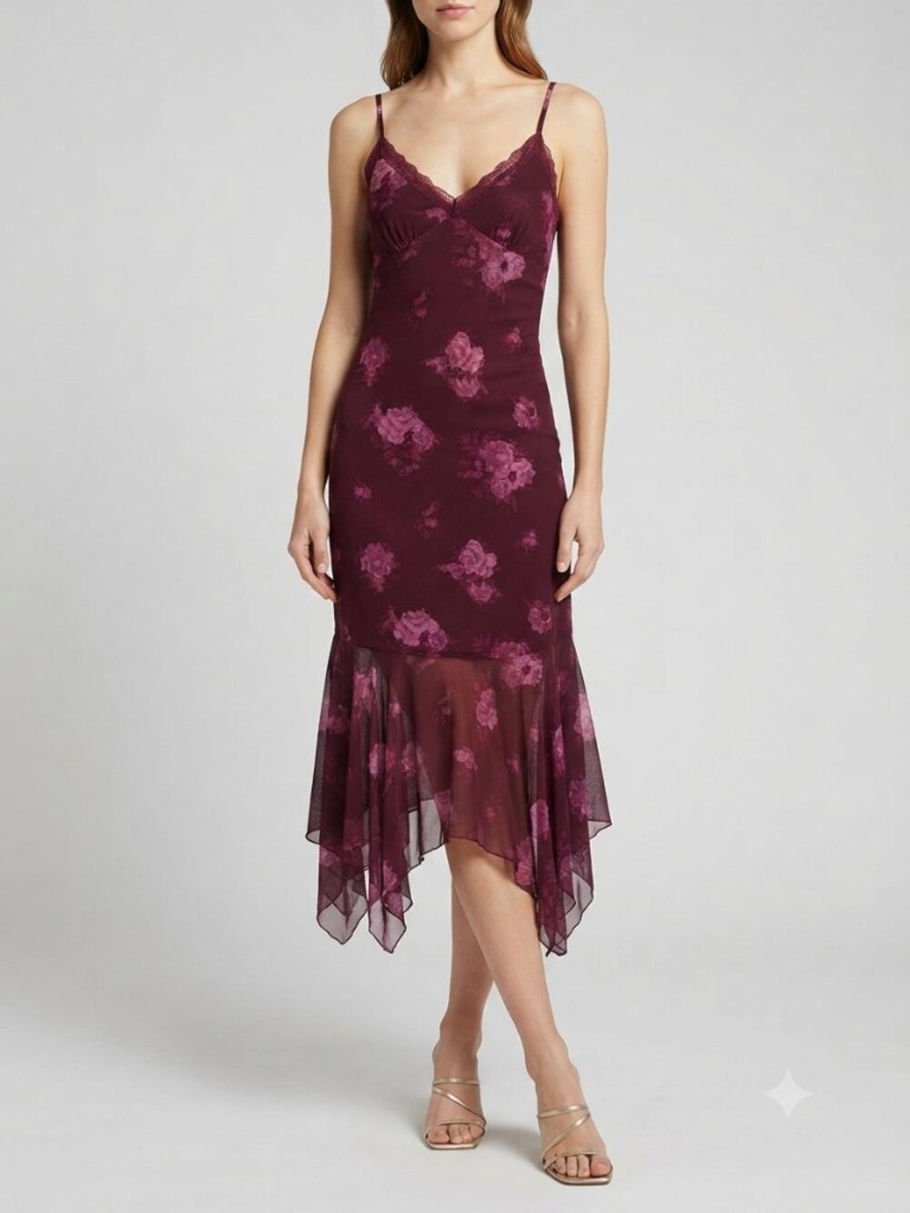 No Comment Mesh Floral Midi Dress M Burgundy Asymmetrical NWT